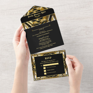 Invitation Tout En Un Mariage moderne Black & Gold Gatsby Art Déco année