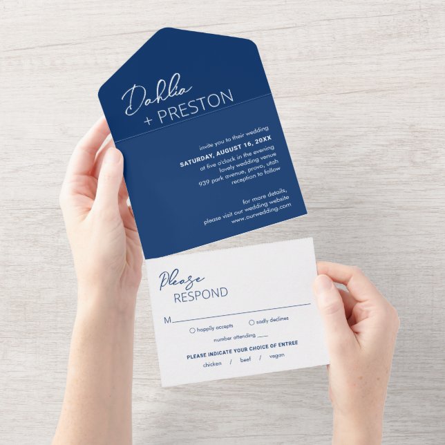 Invitation Tout En Un Mariage moderne bleu marine minimal (Déchirure)