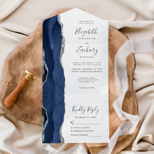 Invitation Tout En Un Mariage Moderne Bleu Nuit Agate Argent