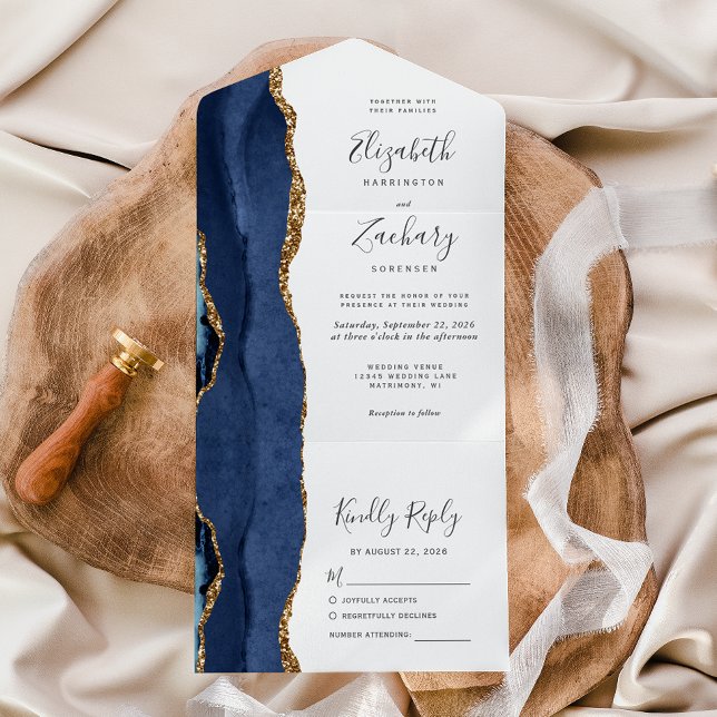 Invitation Tout En Un Mariage Moderne Bleu Nuit Agate Or (Créateur téléchargé)