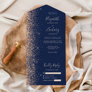 Invitation Tout En Un Mariage Moderne Bleu Nuit avec Paillettes de Pêche