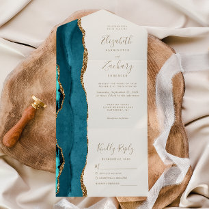 Invitation Tout En Un Mariage Moderne Bleu Sarcelle Or Agate Ivoire