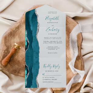 Invitation Tout En Un Mariage Moderne Bleu Turquoise Argent Gris Agate