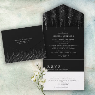 Invitation Tout En Un Mariage moderne brillant en argent noir et blanc