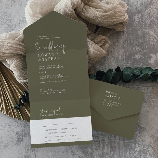 Invitation Tout En Un Mariage moderne chic Olive Green (Créateur téléchargé)