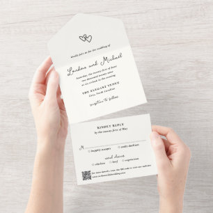 Invitation Tout En Un Mariage Moderne Code QR Doodle de Cœurs Dessinés à