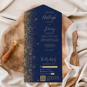 Invitation Tout En Un Mariage Moderne Code QR Paillettes Bleu Nuit Or