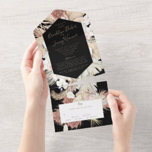 Invitation Tout En Un Mariage Moderne de Luxe Noir sur Pampas Boho Déser