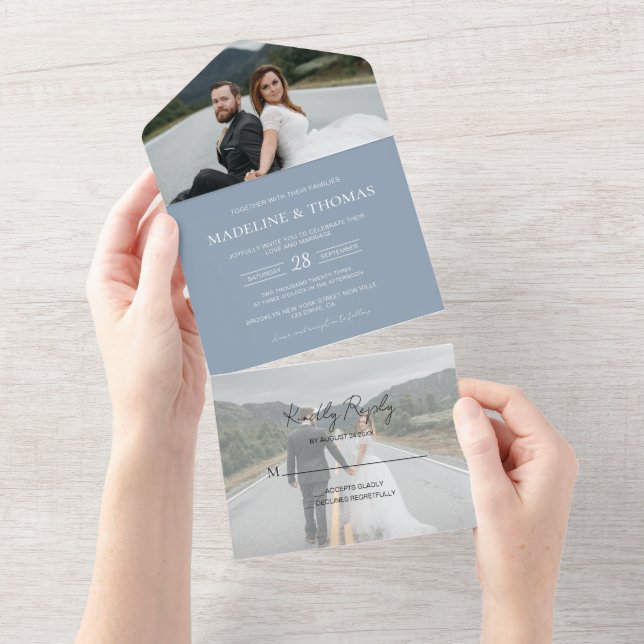 Invitation Tout En Un Mariage moderne Dusty Blue 2 Photo RSVP (Déchirure)