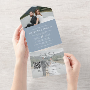 Invitation Tout En Un Mariage moderne Dusty Blue QR Code 2 Photo RSVP
