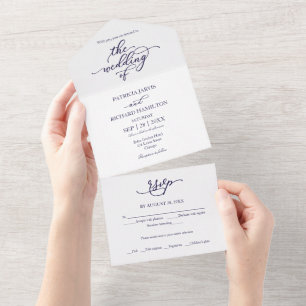 Invitation Tout En Un Mariage Moderne Élégant Calligraphie Bleu Marine