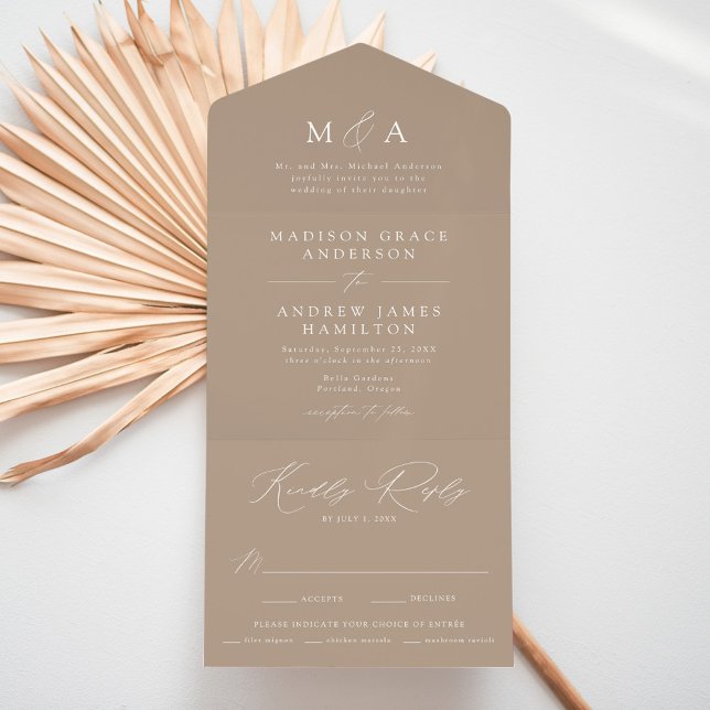Invitation Tout En Un Mariage moderne Élégant Monogramme Taupe (Créateur téléchargé)
