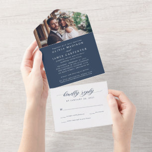 Invitation Tout En Un Mariage moderne Elegant Navy Blue Photo RSVP