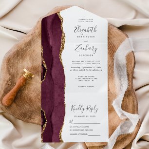 Invitation Tout En Un Mariage Moderne en Agate et Or de Bourgogne