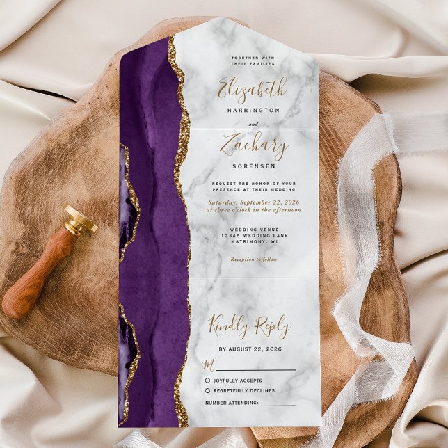 Invitation Tout En Un Mariage moderne en marbre doré violet (Créateur téléchargé)