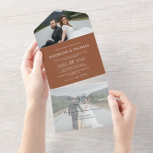 Invitation Tout En Un Mariage moderne en terre cuite 2 photo RSVP