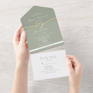 Invitation Tout En Un Mariage moderne Gold et Sage Green