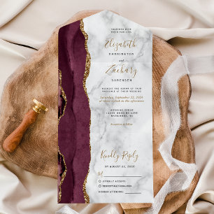 Invitation Tout En Un Mariage Moderne Marbre Agate Bourgogne Or