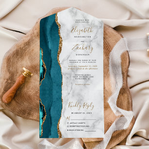 Invitation Tout En Un Mariage Moderne Marbre Agate Sarcelle Or