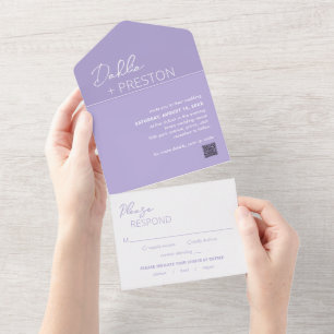 Invitation Tout En Un Mariage moderne minimaliste avec code QR lilas