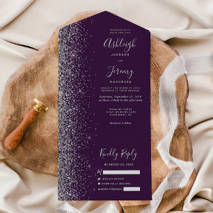 Invitation Tout En Un Mariage Moderne Paillettes Argent Violet Foncé