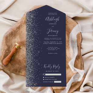 Invitation Tout En Un Mariage Moderne Paillettes Bleu Foncé Argent