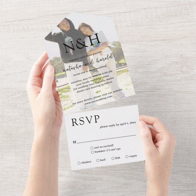 Invitation Tout En Un Mariage Moderne Photo Monogramme Gras (Déchirure)