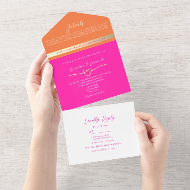 Invitation Tout En Un Mariage moderne rose et orange (Déchirure)