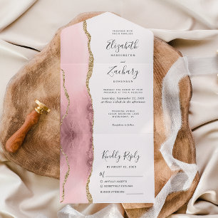 Invitation Tout En Un Mariage Moderne Rose Pâle Agate Dorée