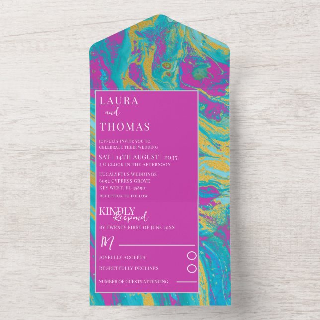 Invitation Tout En Un Mariage moderne rose vif et marbre Turquoise (À l'intérieur)
