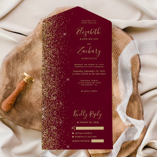 Invitation Tout En Un Mariage Moderne Rouge Bourgogne Paillettes Dorées