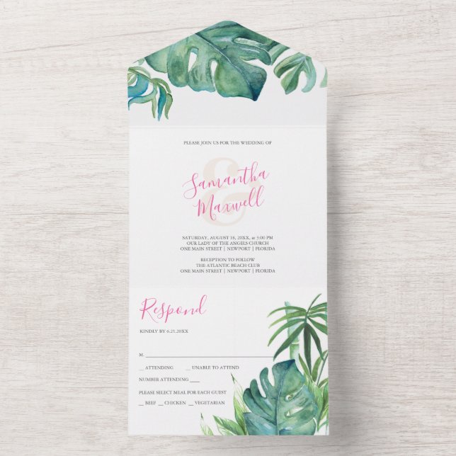 Invitation Tout En Un Mariage moderne Tropical Chic Tout en un (À l'intérieur)