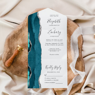Invitation Tout En Un Mariage moderne Turquoise bleu argenté
