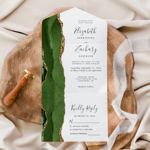 Invitation Tout En Un Mariage Moderne Vert Chasseur Agate Or