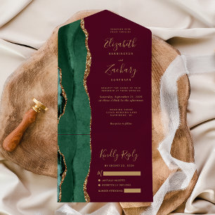Invitation Tout En Un Mariage Moderne Vert Émeraude Or Agate Bordeaux