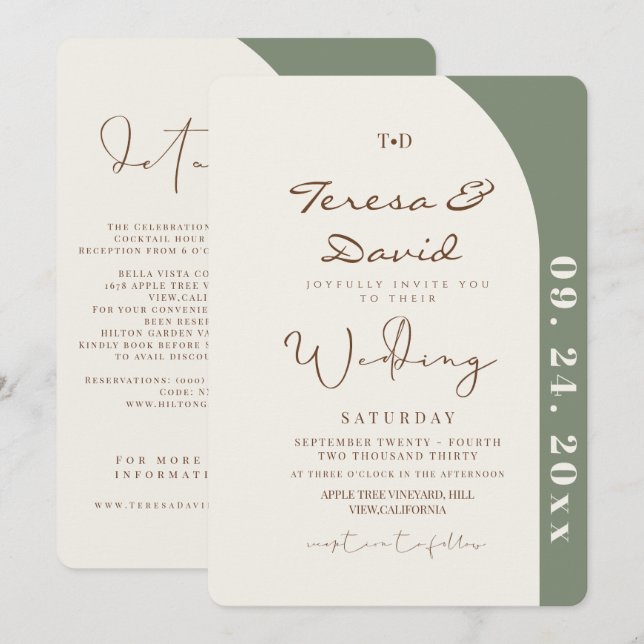 Invitation Tout en Un Mariage Moderne Vert Sauge (Devant / Derrière)