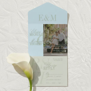 Invitation Tout En Un Mariage Moderne Vert Sauge et Bleu avec Écriture