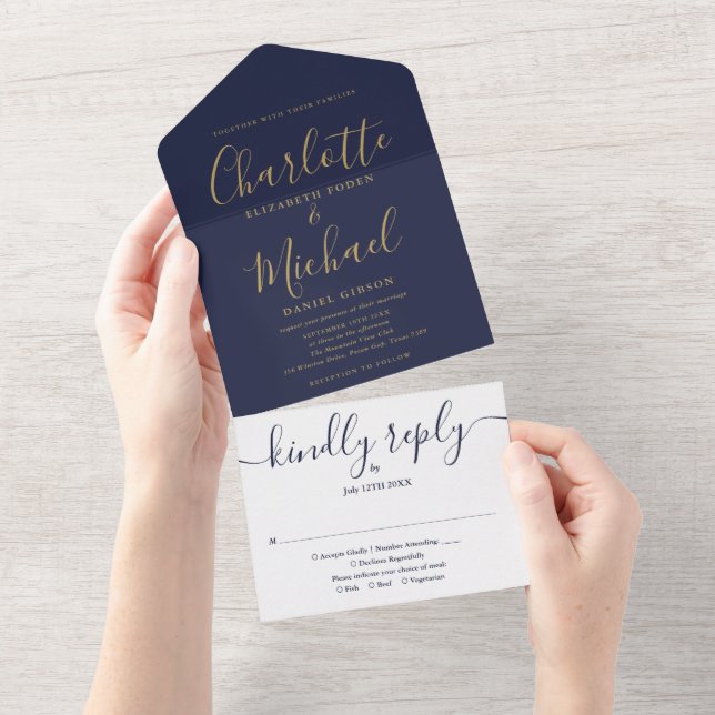 Invitation Tout En Un Mariage Monogram Marine Blue And Gold Modern Scrip (Déchirure)