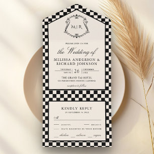 Invitation Tout En Un Mariage Monogramme à carreaux Noir Ivoire Ancien A