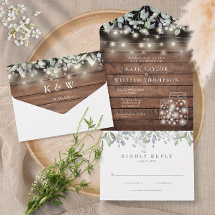 Invitation Tout En Un Mariage Monogramme avec Lumières et Fleurs Rustiqu