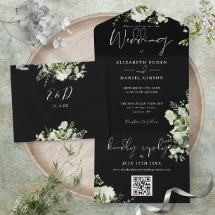 Invitation Tout En Un Mariage Monogramme Code QR en Vert et Noir et Blan
