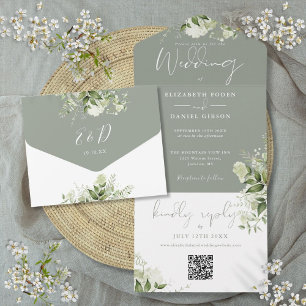 Invitation Tout En Un Mariage Monogramme Code QR Feuillage Vert Sauge