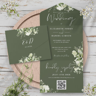 Invitation Tout En Un Mariage Monogramme Code QR Floral Vert Olive