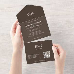 Invitation Tout En Un Mariage Monogramme Code QR RSVP Brun Noix Foncé