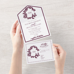 Invitation Tout En Un Mariage Monogramme de cime feutrée de Bourgogne mo