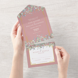 Invitation Tout En Un Mariage Monogramme Dusty Rose Feuillage Lilas
