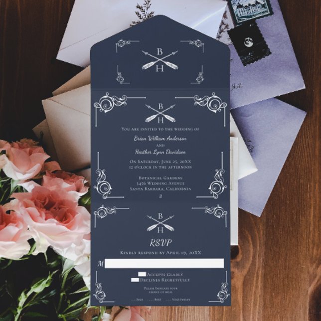 Invitation Tout En Un Mariage Monogramme et flèches de marine (Navy Monogram and Arrows Wedding All in One Invitation)