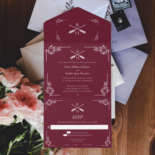 Invitation Tout En Un Mariage Monogramme et Flèches Rouge Vin (Wine Monogram and Arrows Wedding All in One Invitation)