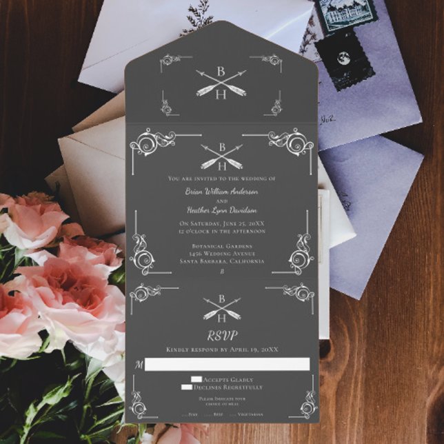 Invitation Tout En Un Mariage Monogramme gris et Flèches (Gray Monogram and Arrows Wedding All in One Invitation)