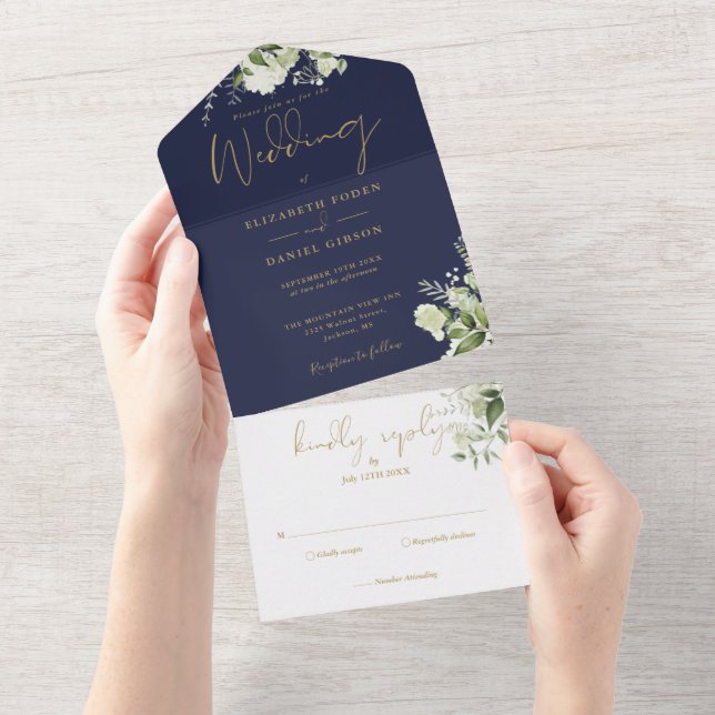 Invitation Tout En Un Mariage Monogramme Marine Blue and Gold Greenergie (Déchirure)